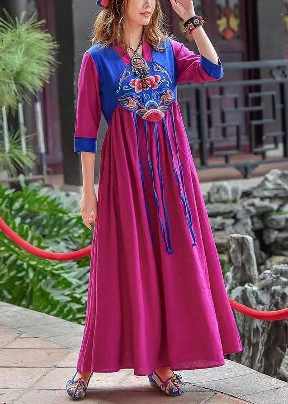 Retro Purple Tasseled Embroideried Patchwork Cotton Long Dresses Spring Ada Fashion