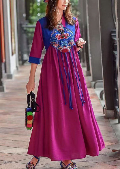 Retro Purple Tasseled Embroideried Patchwork Cotton Long Dresses Spring Ada Fashion