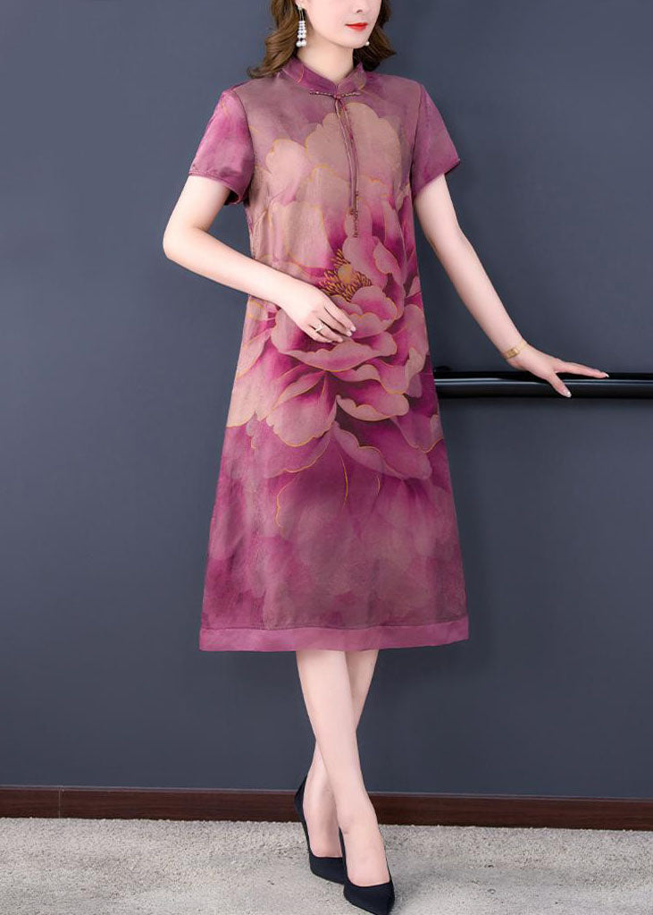 Retro Purple Tasseled Print Patchwork Silk Dresses Summer Ada Fashion