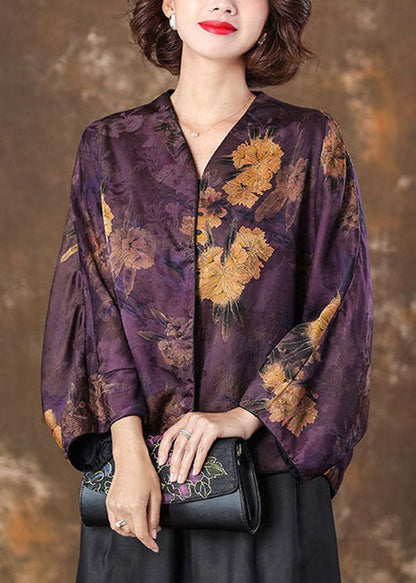 Retro Purple V Neck Print Patchwork Silk Coat Batwing SleeveTI1041 - fabuloryshop