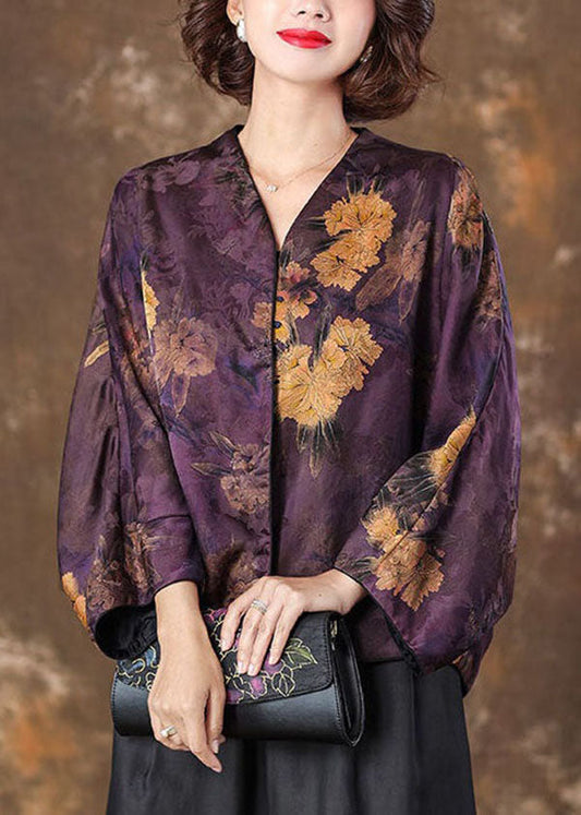 Retro Purple V Neck Print Patchwork Silk Coat Batwing Sleeve LY4468 - fabuloryshop