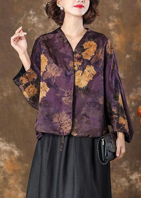 Retro Purple V Neck Print Patchwork Silk Coat Batwing SleeveTI1041 - fabuloryshop