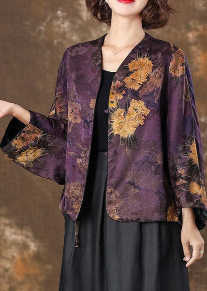 Retro Purple V Neck Print Patchwork Silk Coat Batwing SleeveTI1041 - fabuloryshop