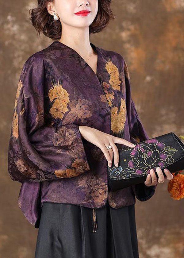 Retro Purple V Neck Print Patchwork Silk Coat Batwing Sleeve LY4468 - fabuloryshop