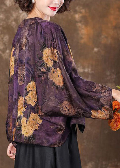 Retro Purple V Neck Print Patchwork Silk Coat Batwing SleeveTI1041 - fabuloryshop