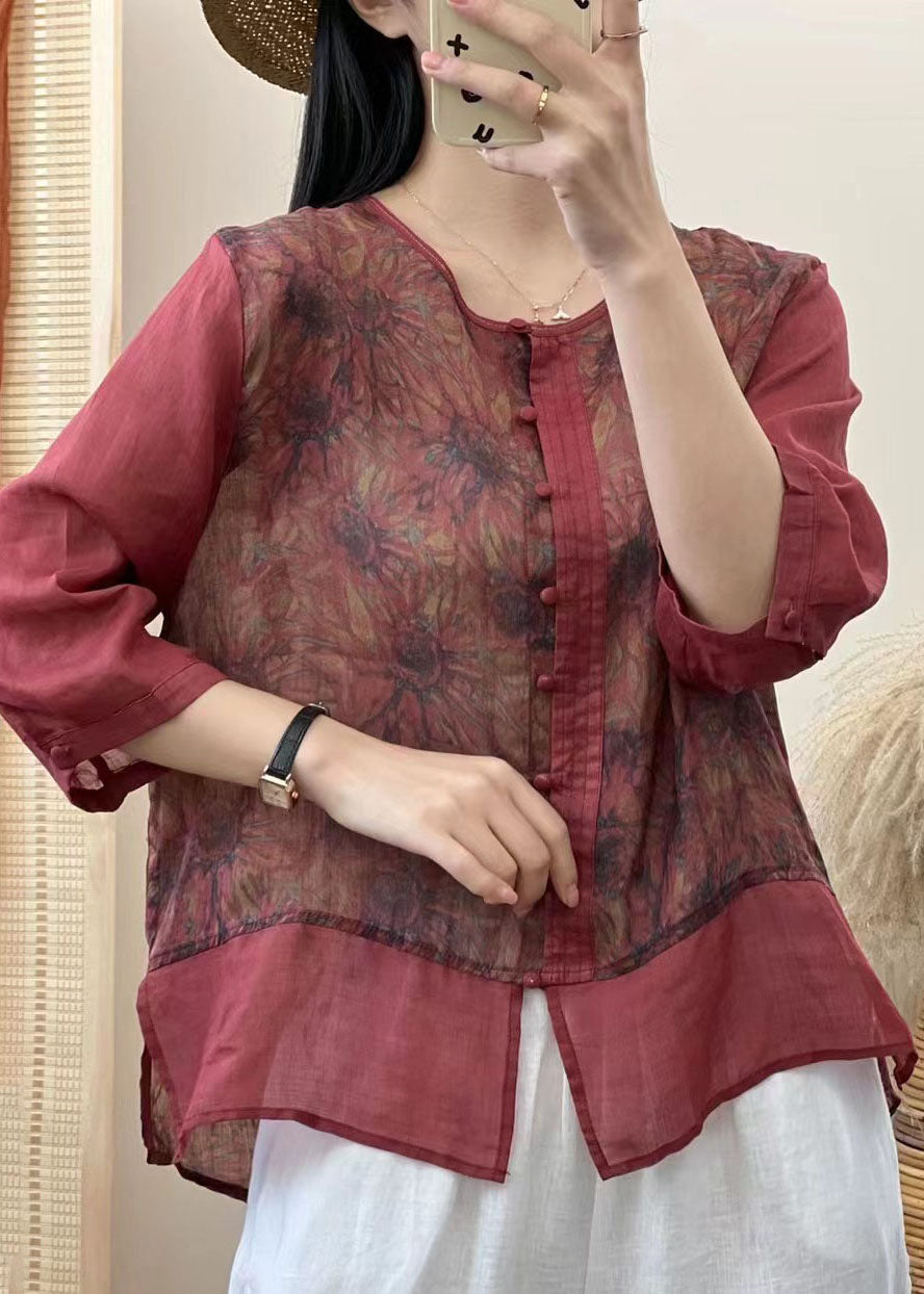 Retro Red Chinese Button Print Patchwork Linen Shirt Tops Bracelet Sleeved Ada Fashion