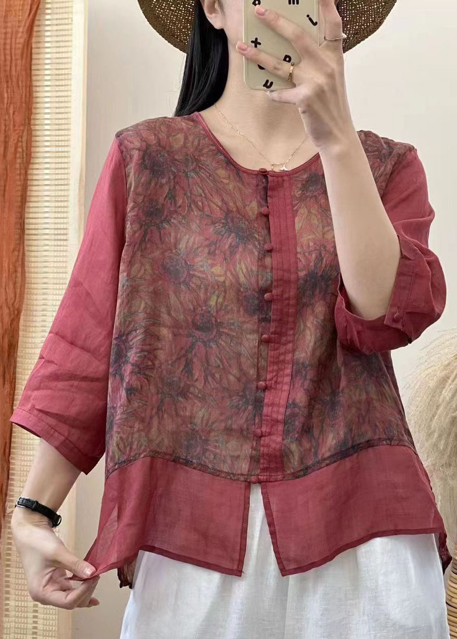 Retro Red Chinese Button Print Patchwork Linen Shirt Tops Bracelet Sleeved Ada Fashion