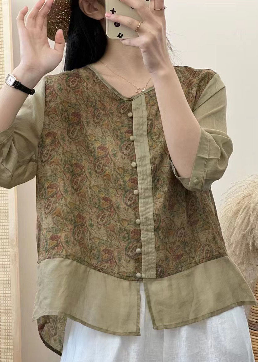 Retro Red Chinese Button Print Patchwork Linen Shirt Tops Bracelet Sleeved Ada Fashion