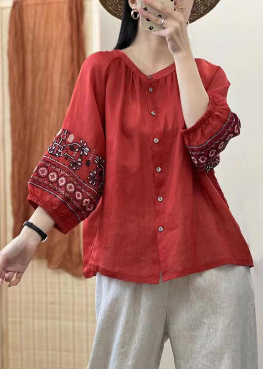 Retro Red Embroideried Button Patchwork Linen Shirt Top Lantern Sleeve LY4063 - fabuloryshop