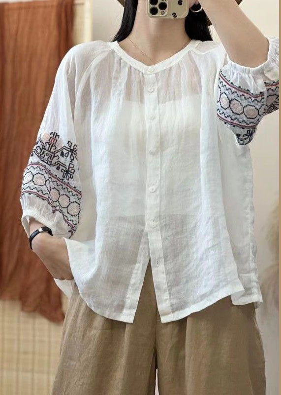 Retro Red Embroideried Button Patchwork Linen Shirt Top Lantern Sleeve LY4063 - fabuloryshop