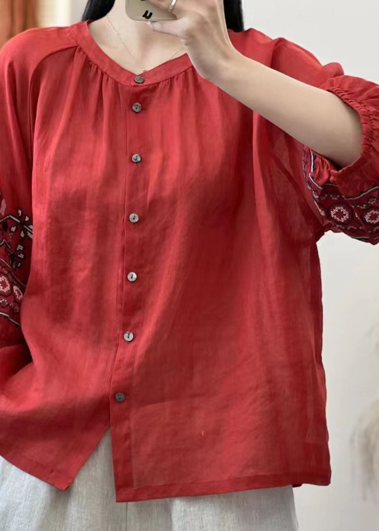 Retro Red Embroideried Button Patchwork Linen Shirt Top Lantern Sleeve LY4063 - fabuloryshop