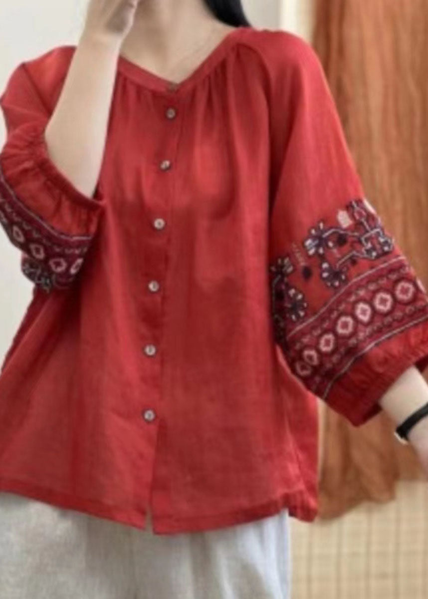 Retro Red Embroideried Button Patchwork Linen Shirt Top Lantern Sleeve LY4063 - fabuloryshop