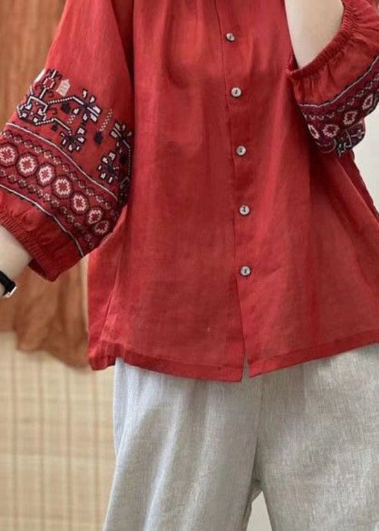 Retro Red Embroideried Button Patchwork Linen Shirt Top Lantern Sleeve LY4063 - fabuloryshop