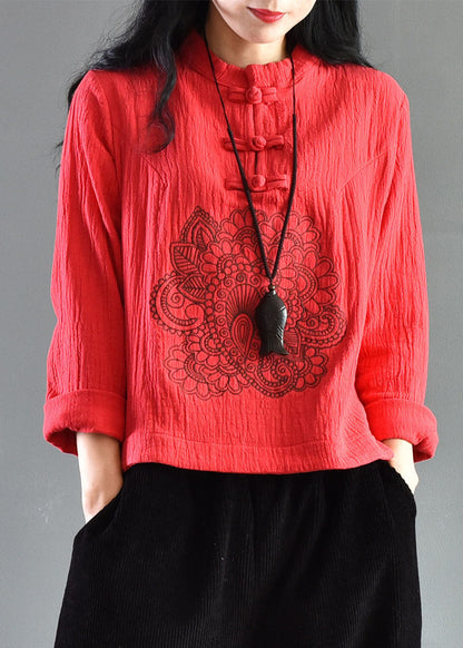 Retro Red Embroideried Chinese Button Patchwork Linen Shirts Spring LY6164 - fabuloryshop