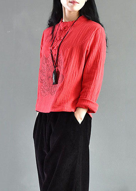Retro Red Embroideried Chinese Button Patchwork Linen Shirts Spring LY6164 - fabuloryshop
