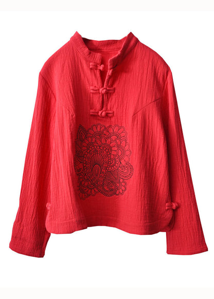 Retro Red Embroideried Chinese Button Patchwork Linen Shirts Spring LY6164 - fabuloryshop