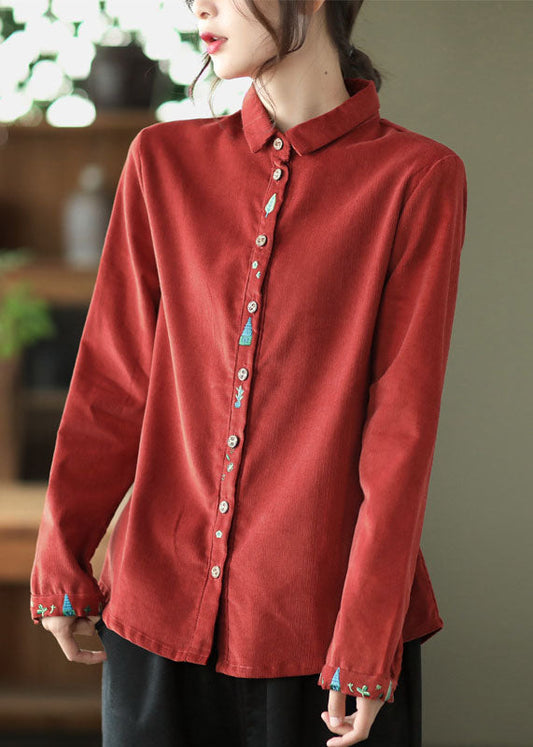 Retro Red Embroideried Patchwork Corduroy Shirt Tops Spring LY6252 - fabuloryshop