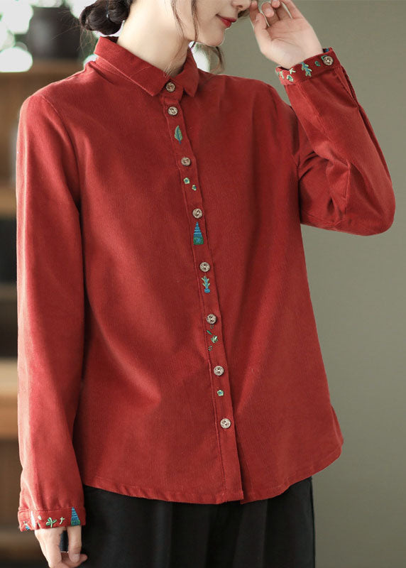 Retro Red Embroideried Patchwork Corduroy Shirt Tops Spring LY6252 - fabuloryshop