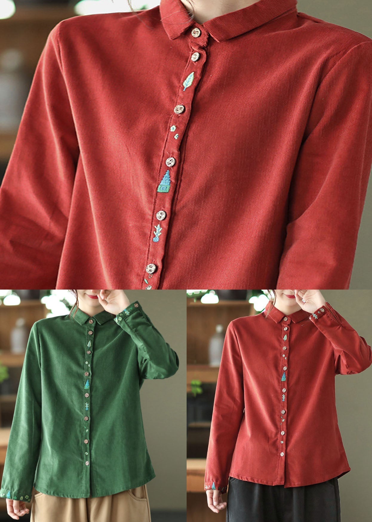 Retro Red Embroideried Patchwork Corduroy Shirt Tops Spring LY6252 - fabuloryshop