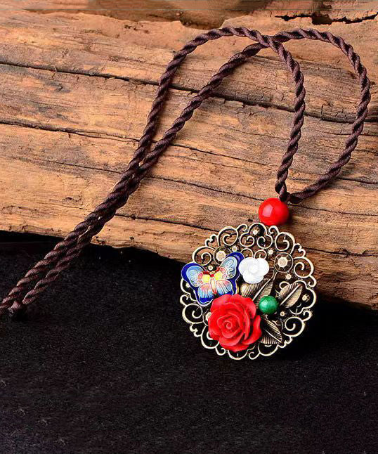 Retro Red Floral Butterfly Hollow Out Metal Pendant Necklace Ada Fashion