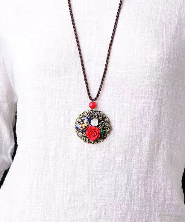 Retro Red Floral Butterfly Hollow Out Metal Pendant Necklace Ada Fashion