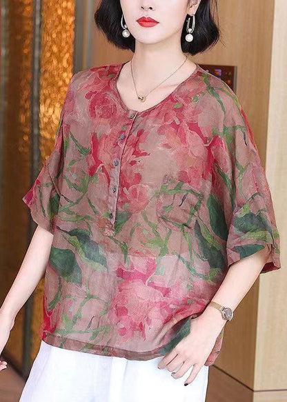 Retro Red O Neck Print Button Patchwork Linen Blouses Summer TP1064 - fabuloryshop