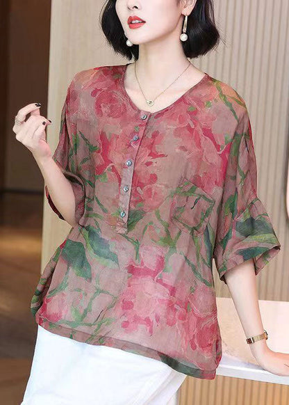 Retro Red O Neck Print Button Patchwork Linen Blouses Summer TP1064 - fabuloryshop