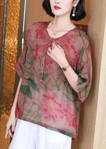 Retro Red O Neck Print Button Patchwork Linen Blouses Summer TP1064 - fabuloryshop