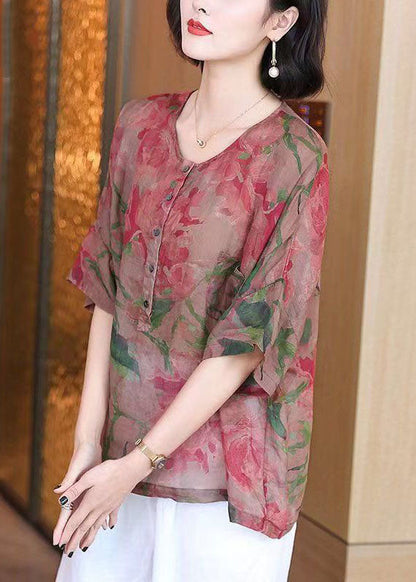 Retro Red O Neck Print Button Patchwork Linen Blouses Summer TP1064 - fabuloryshop