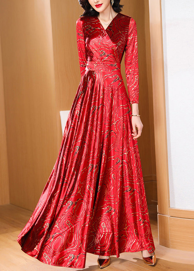 Retro Red Print Slim Fit Satin Long Dresses Spring LY1735 - fabuloryshop