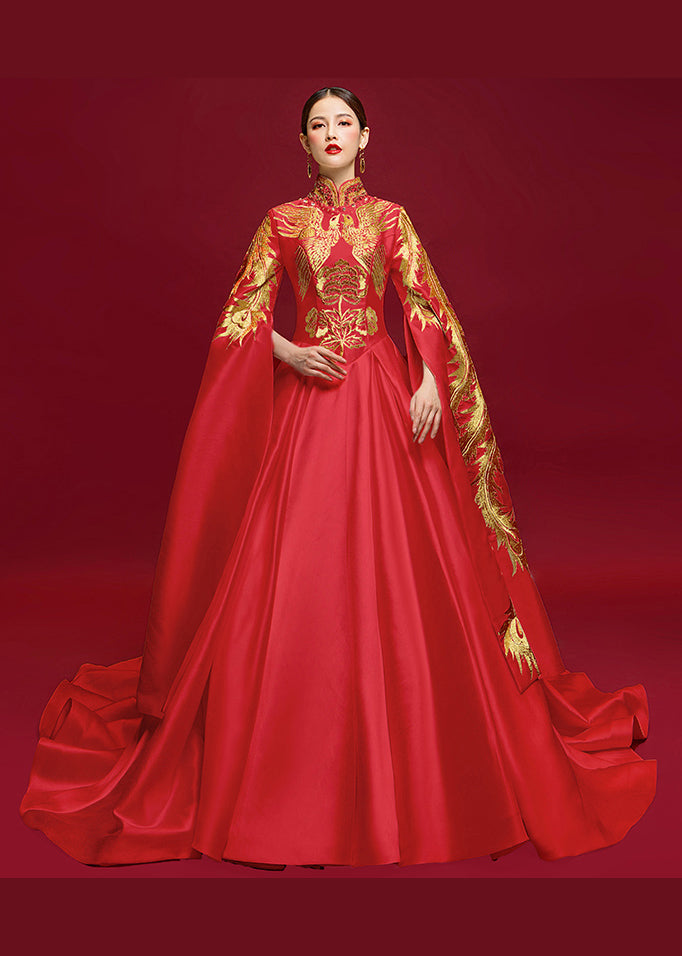 Retro Red Stand Collar Embroideried Silk Trailing Dress Long Sleeve Ada Fashion