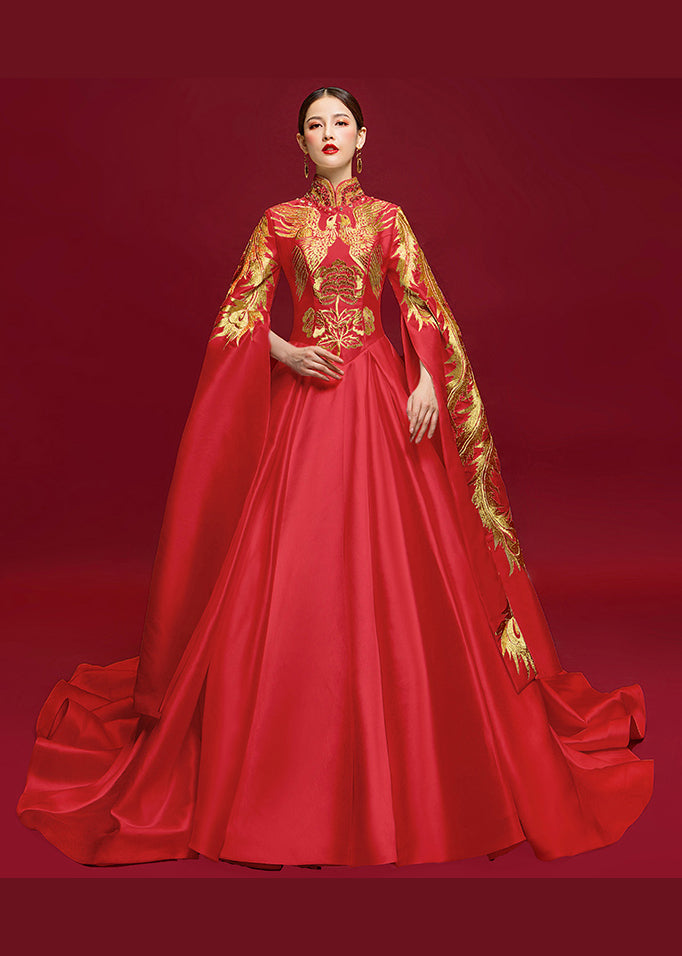 Retro Red Stand Collar Embroideried Silk Trailing Dress Long Sleeve Ada Fashion