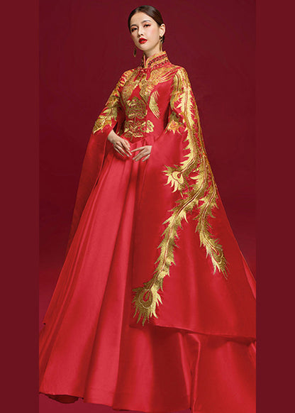 Retro Red Stand Collar Embroideried Silk Trailing Dress Long Sleeve Ada Fashion