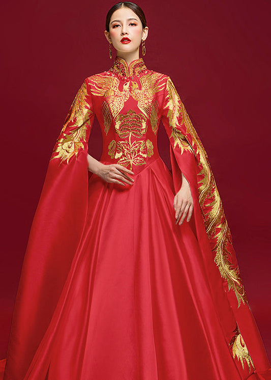 Retro Red Stand Collar Embroideried Silk Trailing Dress Long Sleeve Ada Fashion