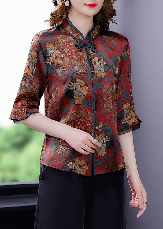 Retro Red Stand Collar Print Chinese Button Silk Shirt Summer LY0426 - fabuloryshop