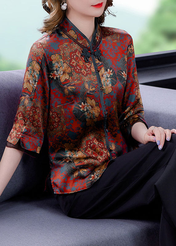 Retro Red Stand Collar Print Chinese Button Silk Shirt Summer LY0426 - fabuloryshop