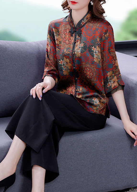 Retro Red Stand Collar Print Chinese Button Silk Shirt Summer LY0426
