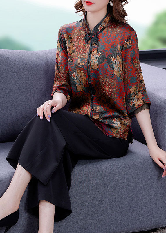 Retro Red Stand Collar Print Chinese Button Silk Shirt Summer LY0426 - fabuloryshop