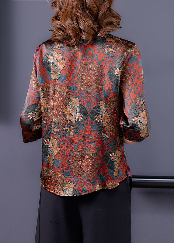 Retro Red Stand Collar Print Chinese Button Silk Shirt Summer LY0426