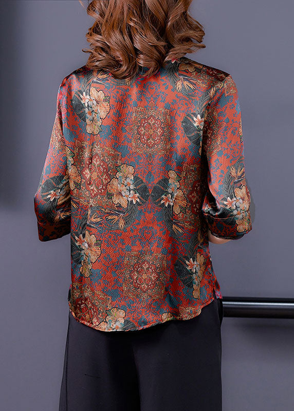 Retro Red Stand Collar Print Chinese Button Silk Shirt Summer LY0426 - fabuloryshop