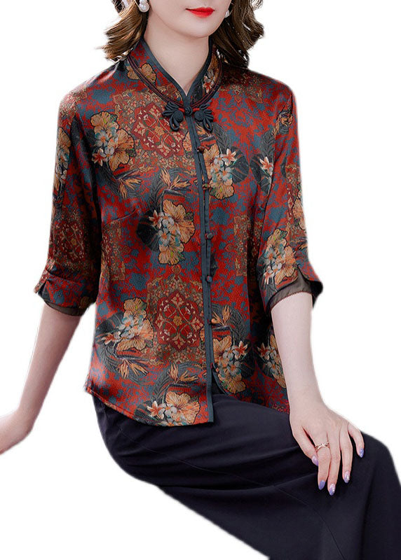 Retro Red Stand Collar Print Chinese Button Silk Shirt Summer LY0426 - fabuloryshop