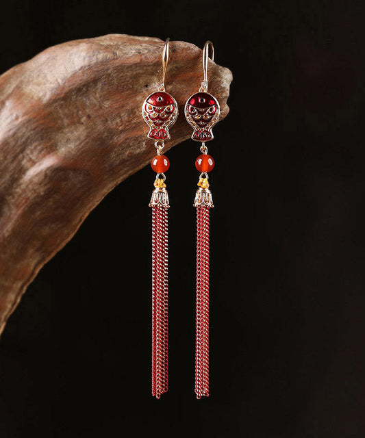 Retro Red Sterling Silver Agate Cloisonne Tassel Drop Earrings LY2045 - fabuloryshop