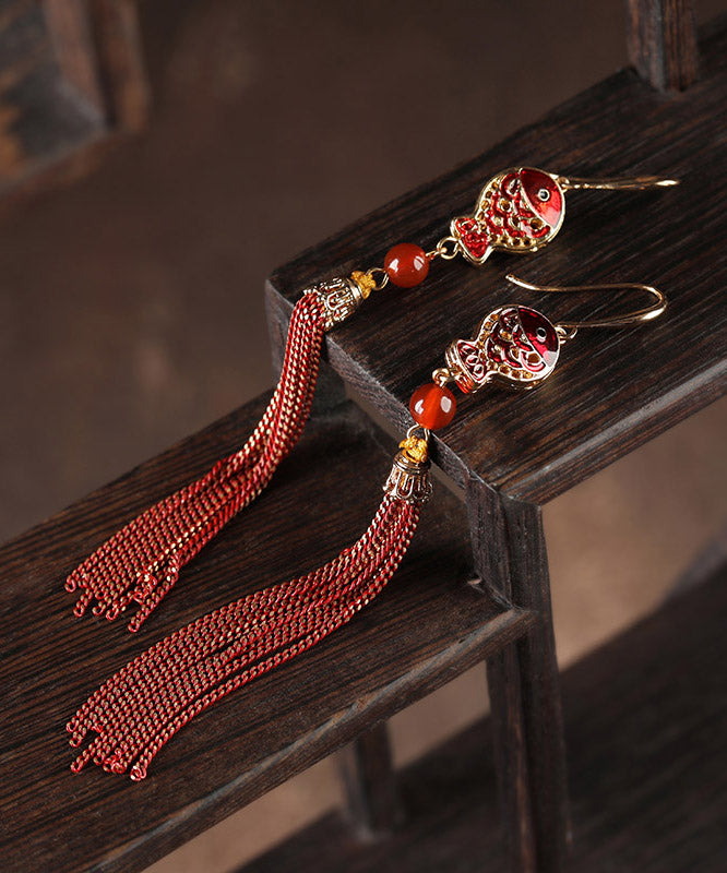 Retro Red Sterling Silver Agate Cloisonne Tassel Drop Earrings LY2045 - fabuloryshop