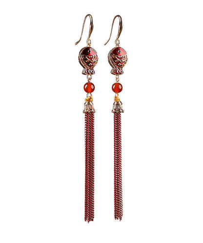 Retro Red Sterling Silver Agate Cloisonne Tassel Drop Earrings LY2045 - fabuloryshop