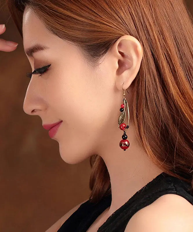 Retro Red Sterling Silver Alloy Cloured Glaze Agate Gem Stone Drop Earrings Ada Fashion