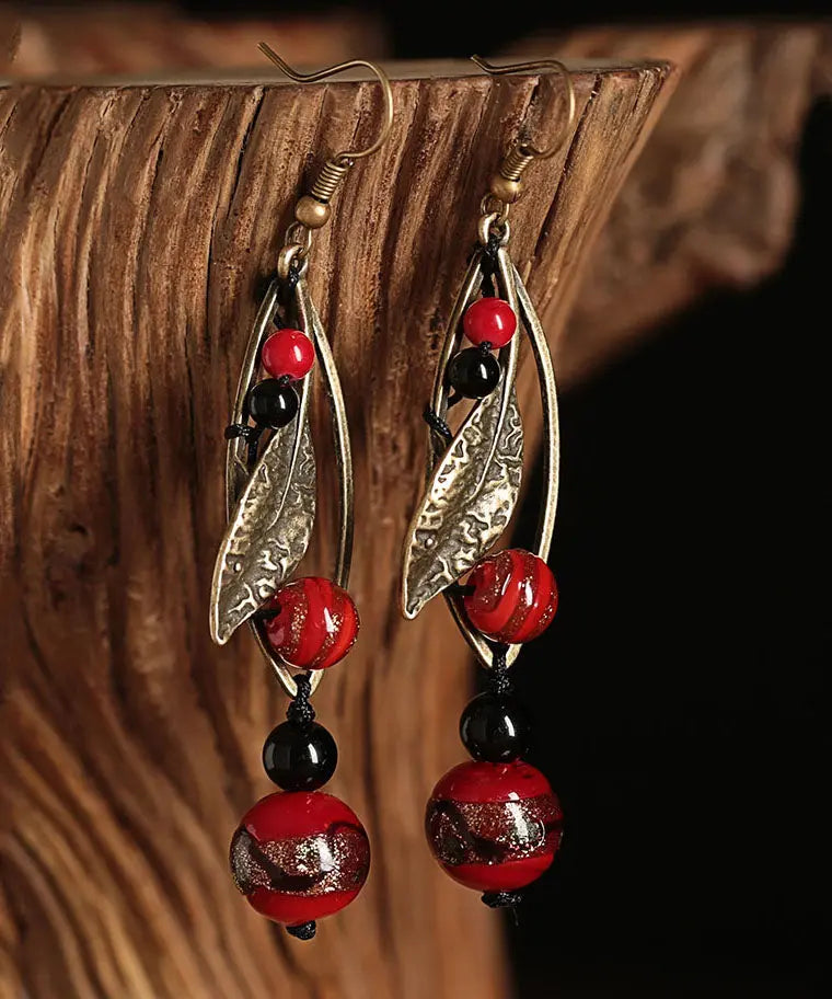 Retro Red Sterling Silver Alloy Cloured Glaze Agate Gem Stone Drop Earrings Ada Fashion