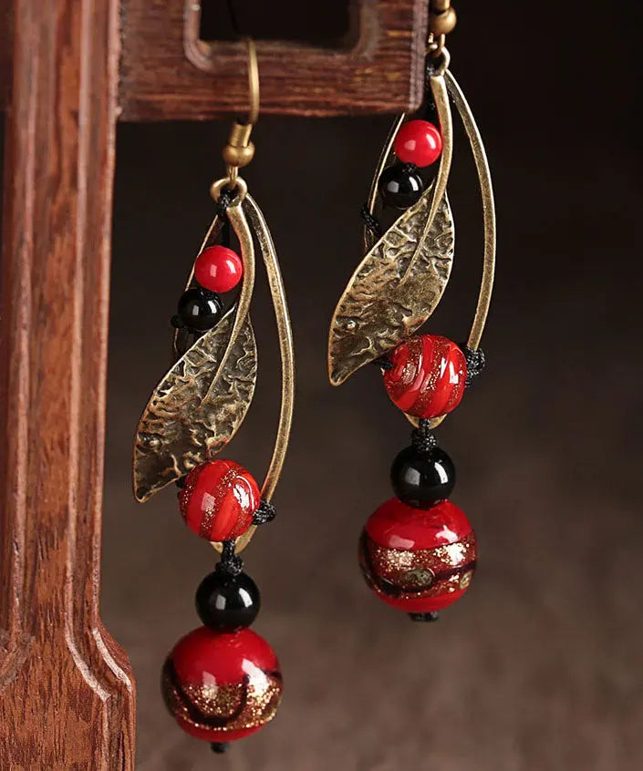 Retro Red Sterling Silver Alloy Cloured Glaze Agate Gem Stone Drop Earrings Ada Fashion