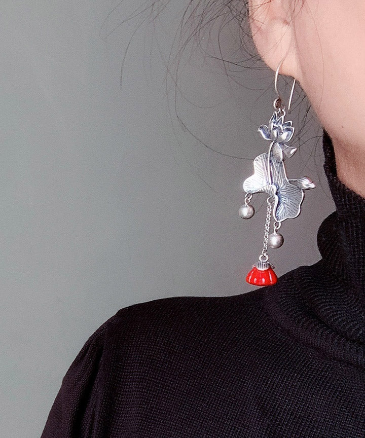 Retro Red Sterling Silver Lotus Tassel Drop Earrings LY2052 - fabuloryshop