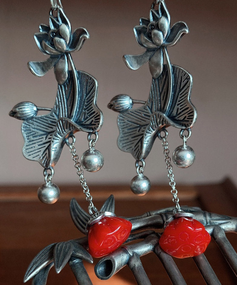 Retro Red Sterling Silver Lotus Tassel Drop Earrings LY2052 - fabuloryshop