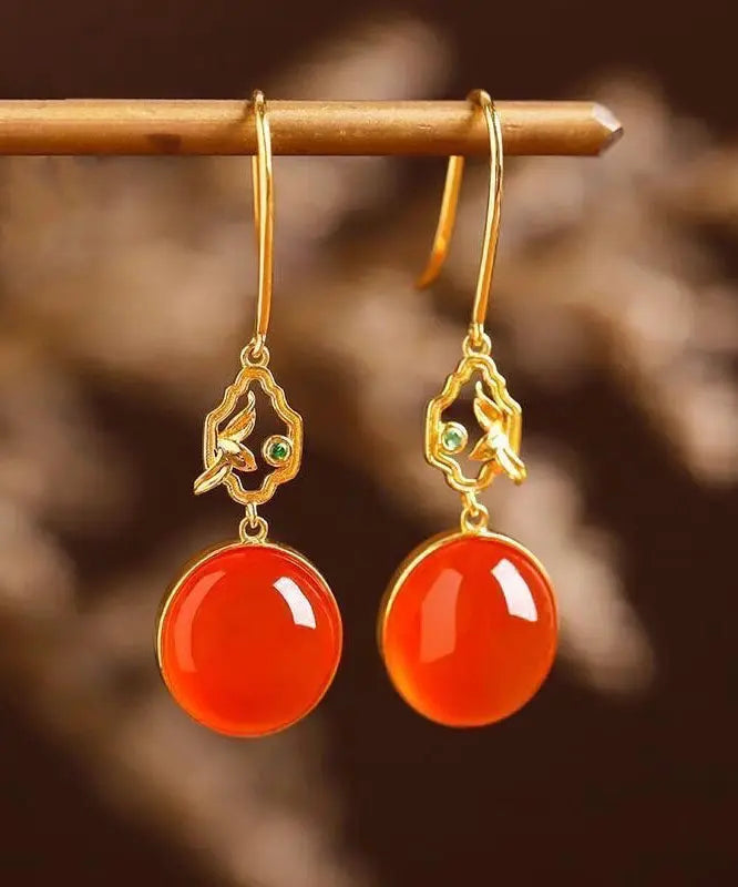 Retro Red Sterling Silver Overgild Inlaid Gem Stone Drop Earrings Ada Fashion